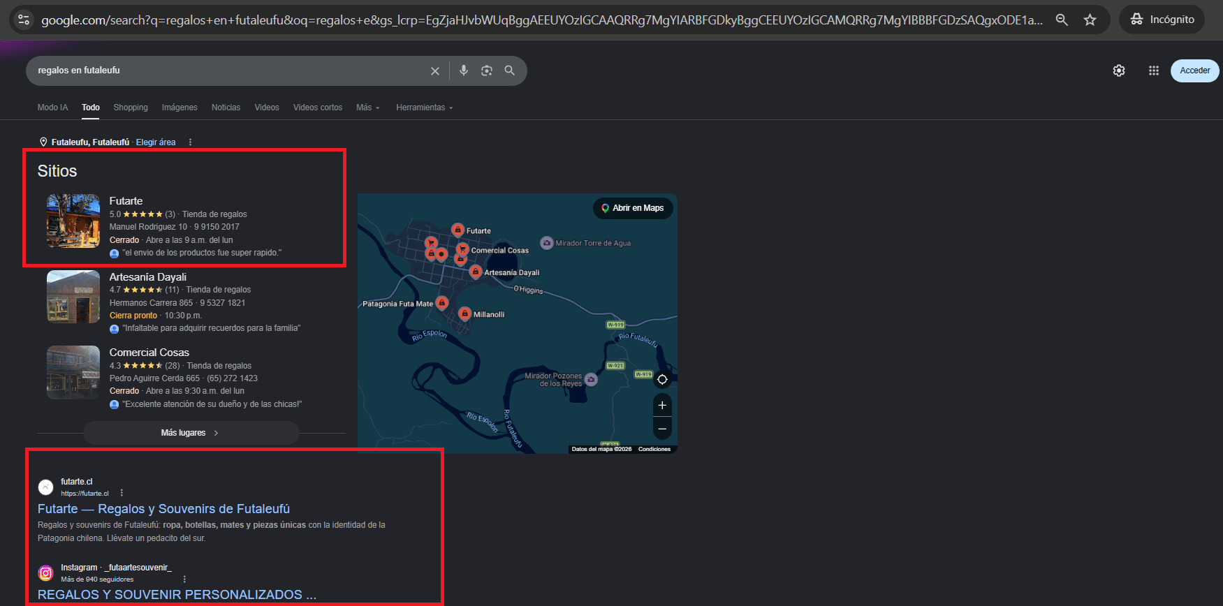 Búsqueda de Google en incógnito para "regalos en futaleufu": Futarte aparece primero en el mapa de sitios y futarte.cl es el primer resultado orgánico